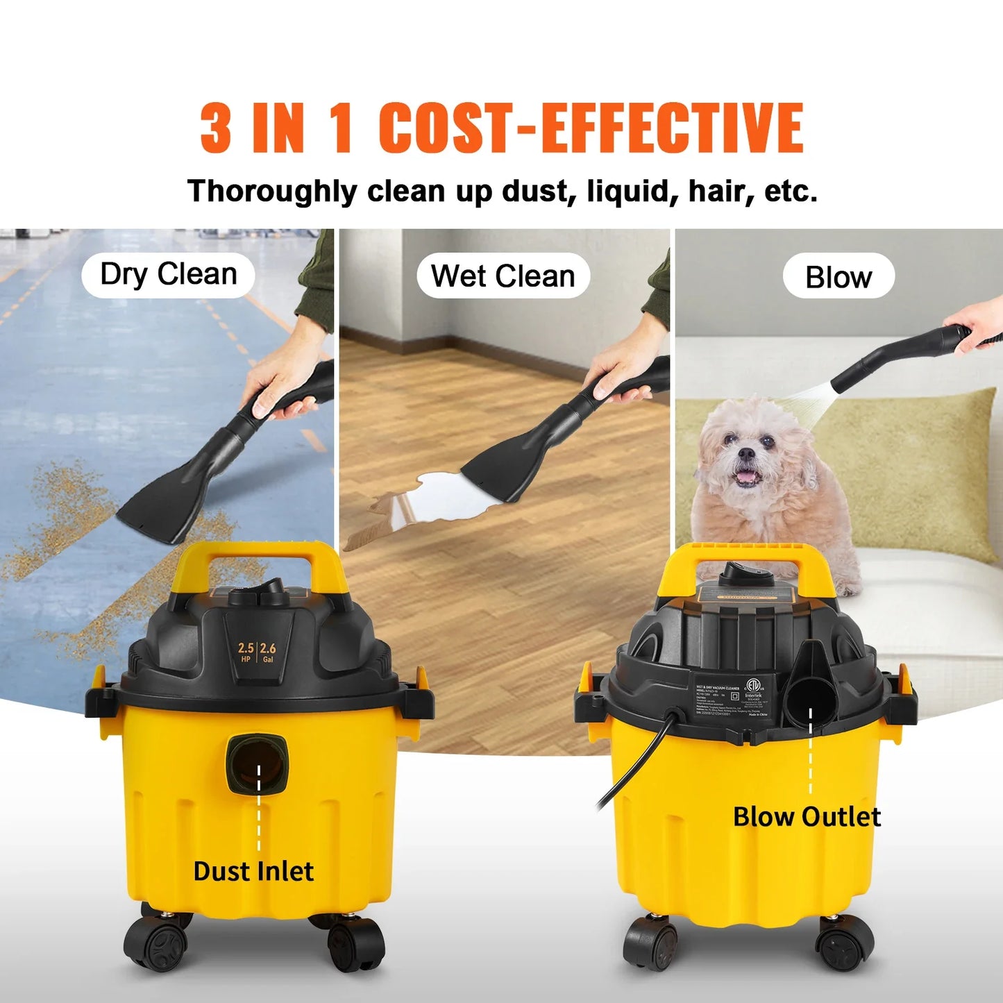 SucceBuy 2.6 Gallon Wet & Dry Shop Vacuum – 2.5 Peak HP 3-in-1 Portable Cleaner with Blower Function & Attachments