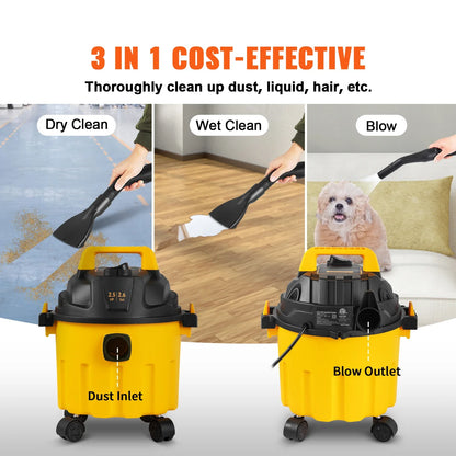 SucceBuy 2.6 Gallon Wet & Dry Shop Vacuum – 2.5 Peak HP 3-in-1 Portable Cleaner with Blower Function & Attachments