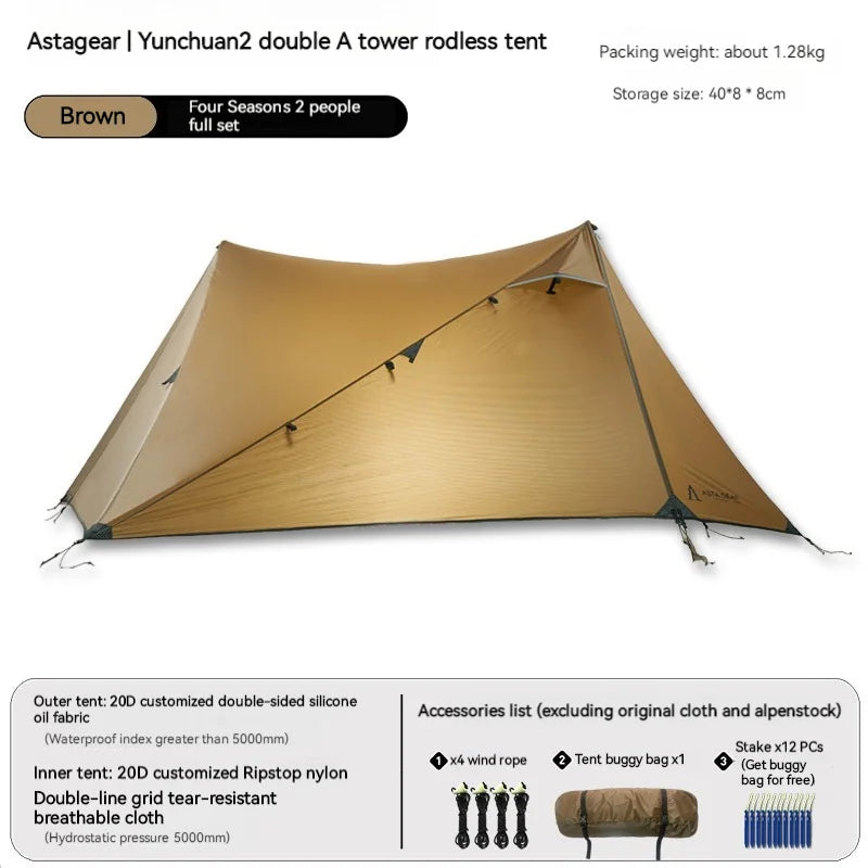 ASTA GEAR Yun Chuan 15D Nylon Ultralight Tent – Double-Sided Silicon-Coated, Rodless Pyramid Design for Camping & Hiking