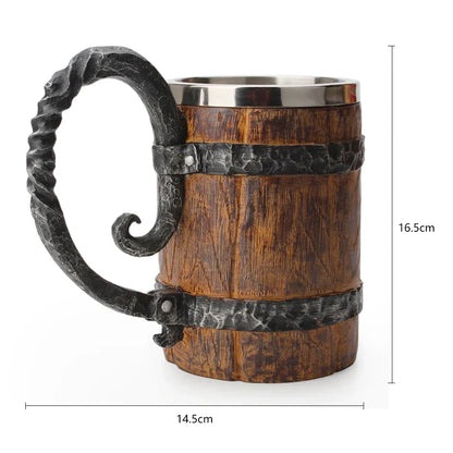 Viking-Style Wooden Beer Mug – Insulated Metal Barrel Cup for Drinks (1PCS)