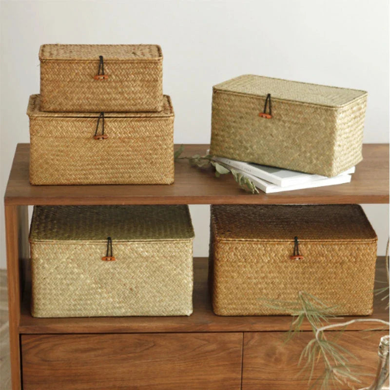Hand-Woven Seaweed Storage Basket with Lid - Multi-Purpose Sundries Organizer, Cosmetic, Toy, and Clothes Container