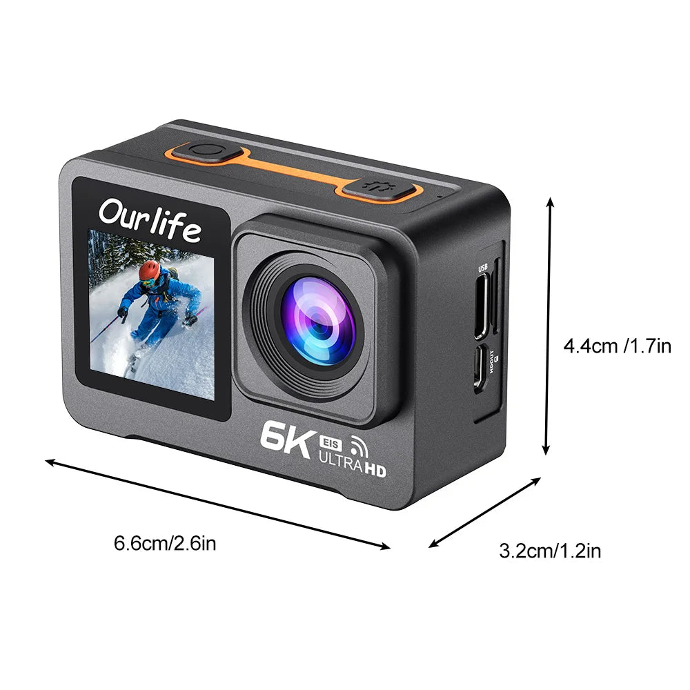 6K 4K60FPS Action Camera – 50MP Dual Screen, 2.0" Touch LCD, EIS, WiFi, 170° Lens, 30M Waterproof, 5X Zoom with Remote