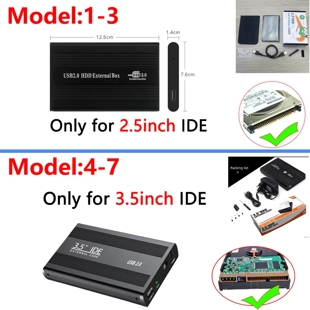 2.5"/3.5" IDE HDD External Enclosure — USB 2.0 Hard Drive Box for Desktop, PC, Laptop & Phone