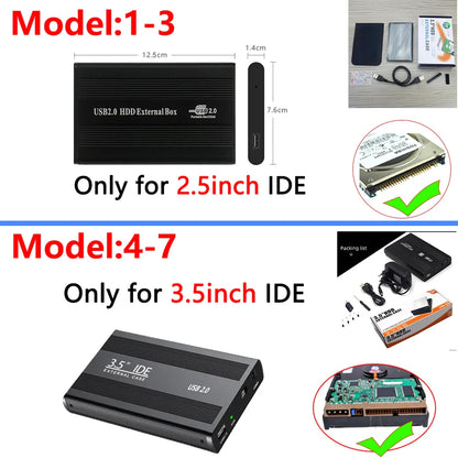 2.5"/3.5" IDE HDD External Enclosure — USB 2.0 Hard Drive Box for Desktop, PC, Laptop & Phone