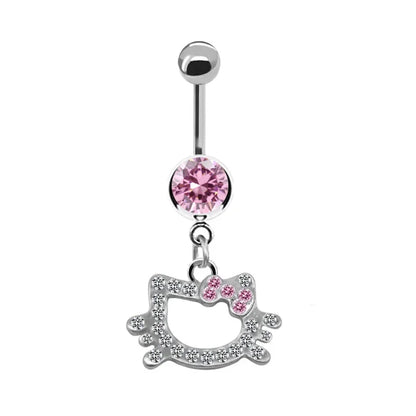 Sweet Butterfly Crown Heart Belly Button Ring – Pink & White Crystal Hello Kitty Dangle Navel Piercing Jewelry for Women