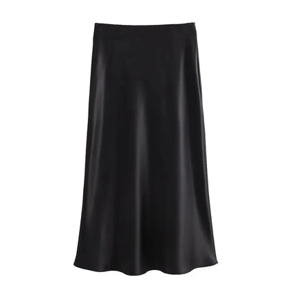TRAF Women’s 2024 Satin Skirt — High Waist Black Midi Summer Skirt, Elegant Office Long Skirt for Women