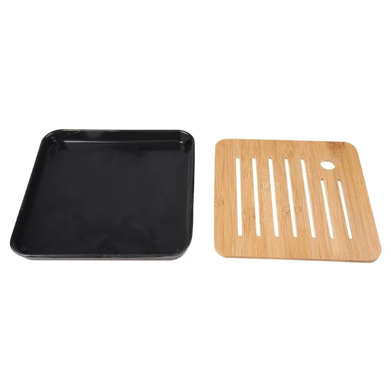 Bamboo Chinese Gongfu Tea Tray – Wood & Marble Serving Tray with Water Storage and Drainage Box