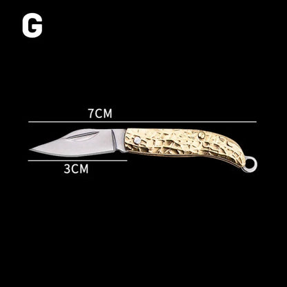 Mini Brass Knife Keychain - Stainless Steel Folding Cleaver Pendant Pocket Tool