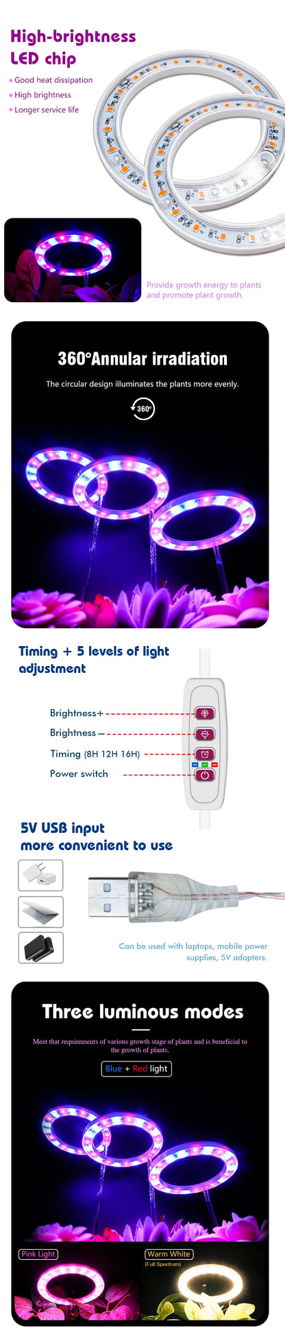 LED Full Spectrum Grow Light — USB 5V Adjustable Height Dimmable Lamp with Timer for Indoor Plants & Herbs