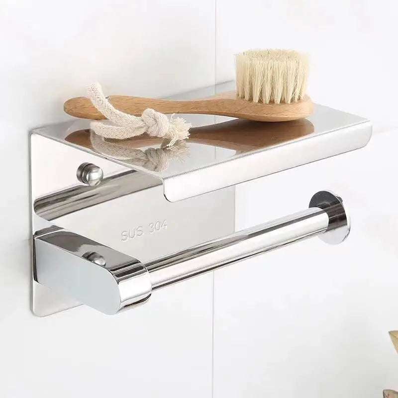 Stainless Steel Bathroom Paper Holder: No-Drill Wall Mount Toilet Roll Holder with Phone Slot - Convenient Home Paper Towel Holder for WC