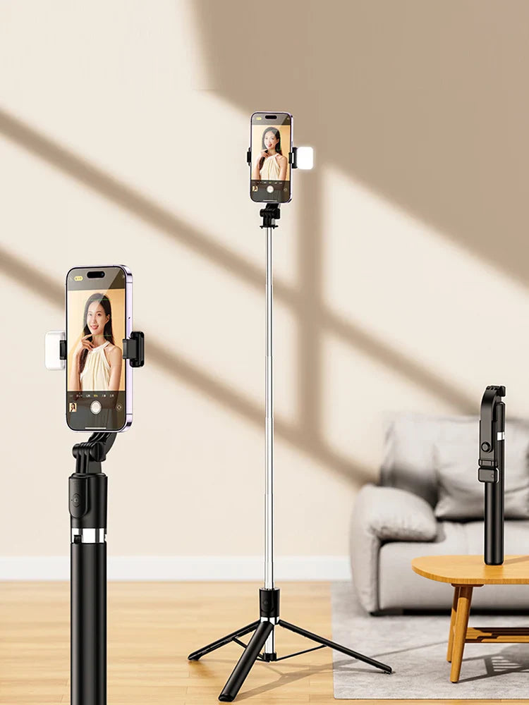 170cm/67in Selfie Stick Tripod – Extendable Aluminum Stand with Fill Light & Bluetooth Remote, Compatible with iPhone & Android