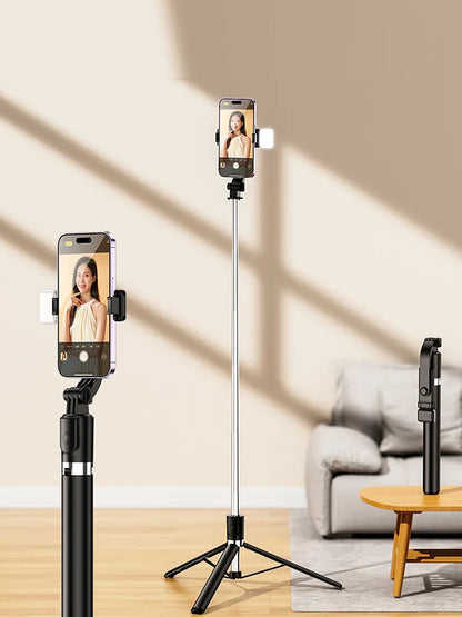 170cm/67in Selfie Stick Tripod – Extendable Aluminum Stand with Fill Light & Bluetooth Remote, Compatible with iPhone & Android