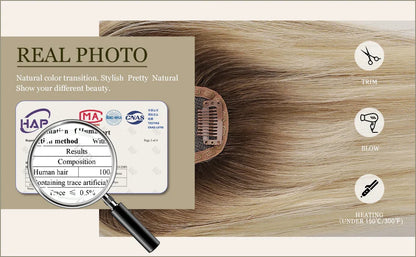 Blonde Brown Ombre Hair Topper – 100% Remy Human Hair, 12" Silk Base, 150% Density, 3-Clip Hairpiece for Women