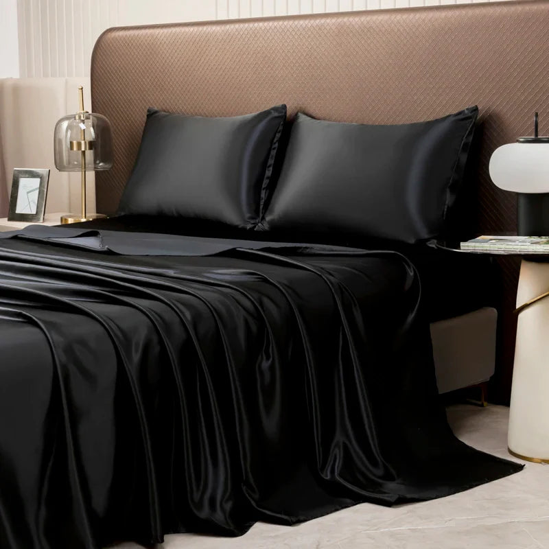 Silky Satin Bed Sheet Set for Summer – Ice Cooling Flat Sheet with Pillowcase, Single/Queen/King Sizes