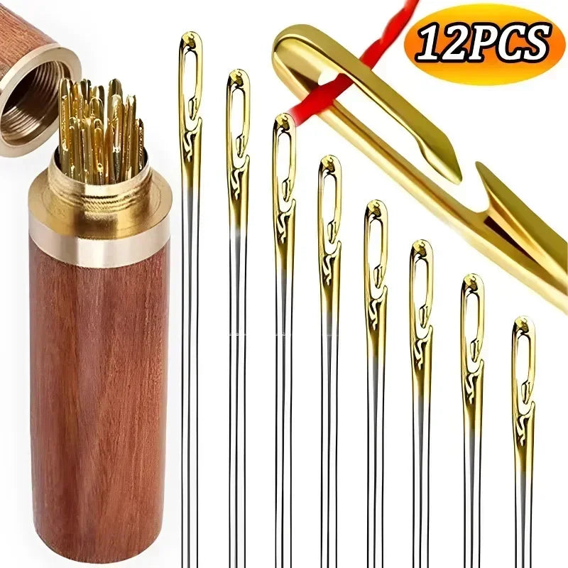 12PCS Side Holes Blind Needles - Stainless Steel Sewing Elderly Needle Set for DIY Jewelry, Beading, and Threading