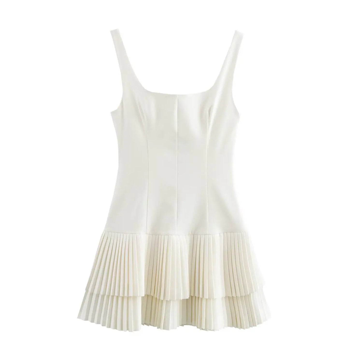 TRAFZA Women’s Square Collar Sleeveless Mini Dress – Summer Pleated Solid Color Slim High Street Chic Dress