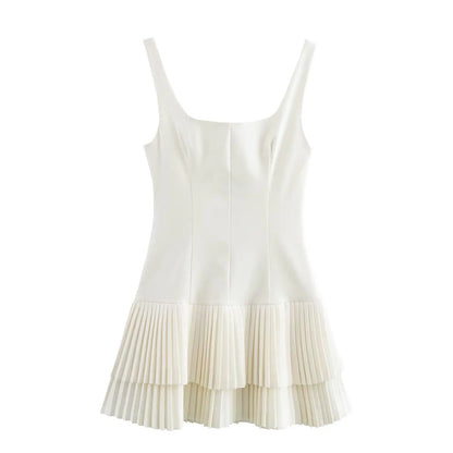 TRAFZA Women’s Square Collar Sleeveless Mini Dress – Summer Pleated Solid Color Slim High Street Chic Dress