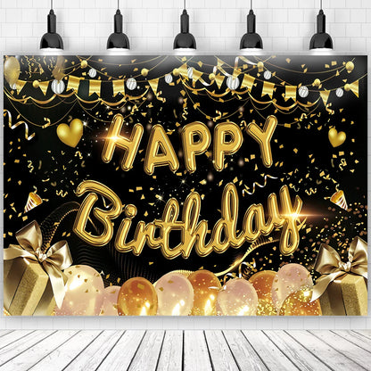 Gold Glitter Happy Birthday Party Backdrop - Black Adult Theme Photo Decoration, DIY Backdrops for Party Supplies