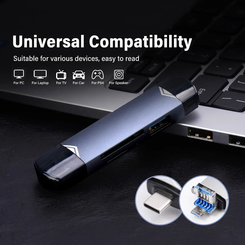 JASTER 6-in-1 USB 3.0 Card Reader – Type-C/USB TF/SD Adapter Flash Drive for Phone & Laptop
