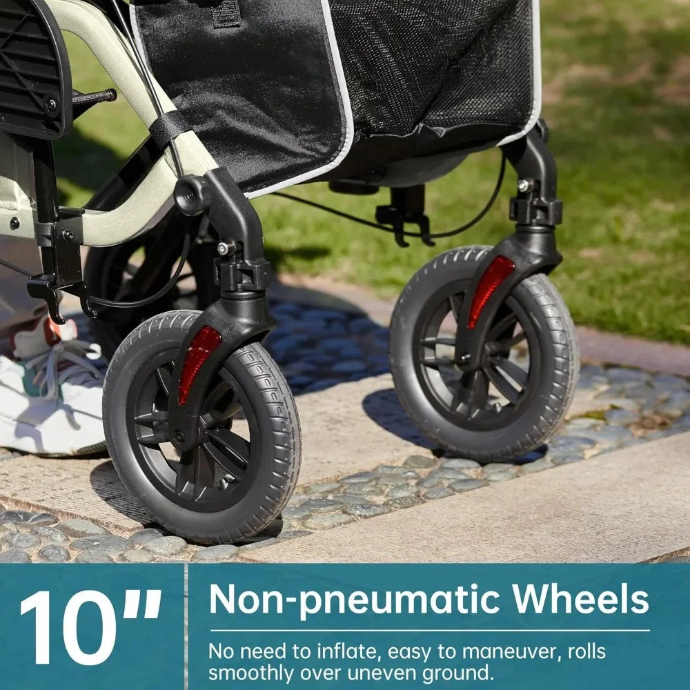 Champagne All-Terrain 2-in-1 Rollator Walker & Transport Chair – 10” Non-Pneumatic Wheels with Reversible Backrest and Detachable Seat