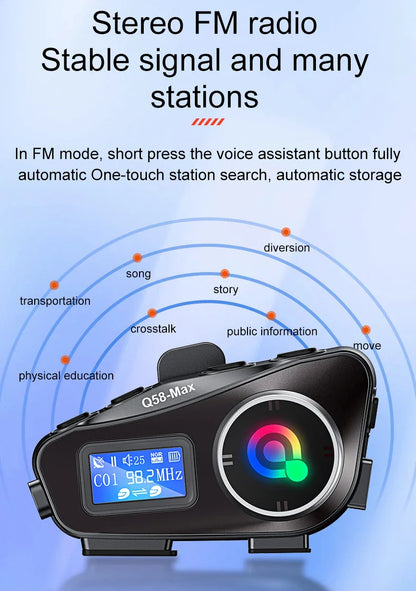 Q58 Max Motorcycle Helmet Bluetooth Intercom – IP65 Waterproof, 500M Range, Multi-Scene Music Sharing