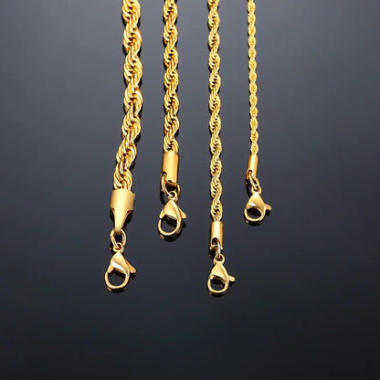 Men's Long Twist Rope Chain Necklace | Stainless Steel Minimalist Design | Available in Gold and Silver Colors | 2 to 5mm