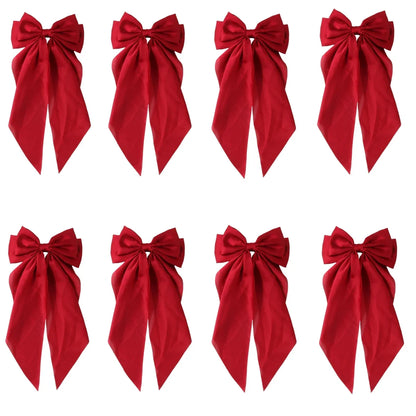 8 Ladies Satin Ribbon Bow Hair Clips – Oversized White, Pink, Red, Blue, Black Long Tail, Spring Clip for Ponytail Hair Accessories
