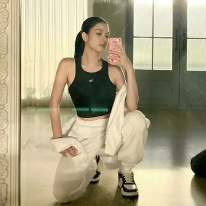 Women’s Summer High Waist Trousers & Cotton O-Neck Yoga Tank Top Set – Casual Loose Wide Leg Gym Sportswear