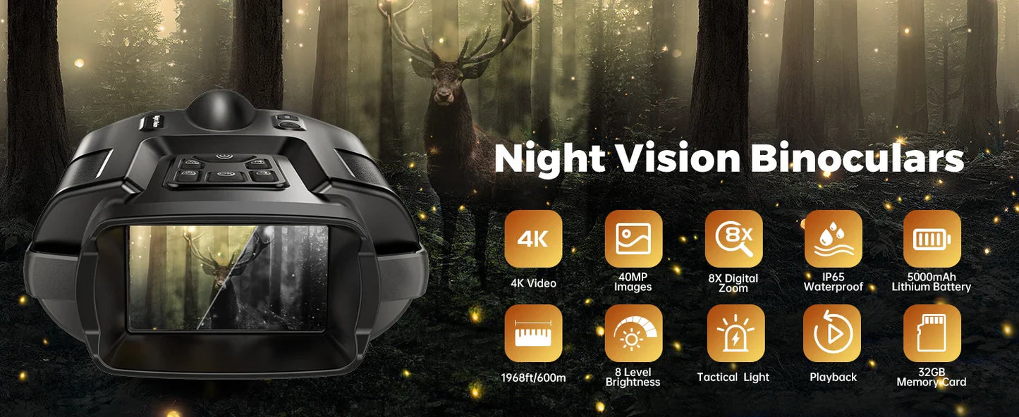 4K Night Vision Binoculars with 8X Digital Zoom – 5000mAh Rechargeable Infrared Goggles for Hunting & Surveillance