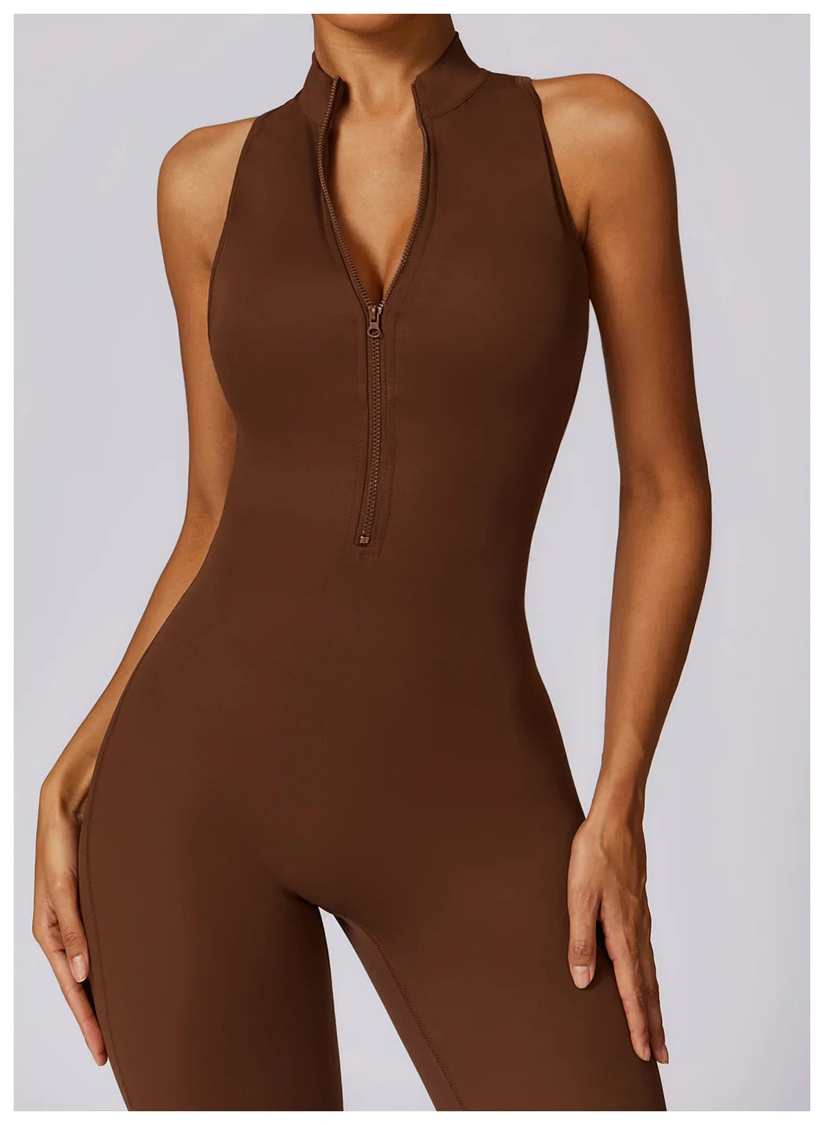 Women’s V-Back One-Piece Sports Jumpsuit — Sleeveless Yoga Romper with Zipper Workout Bodysuit