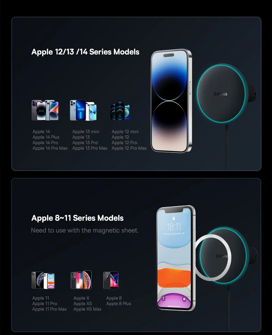 Baseus 15W Magnetic Wireless Car Charger – Fast Charging Phone Holder with Light Effect for iPhone 15/14/13 Pro Max