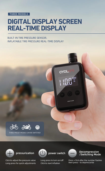 CYCLAMI HW125 150PSI Portable Electric Bike Air Pump – Rechargeable Mini Tire Inflator for Schrader & Presta Valves