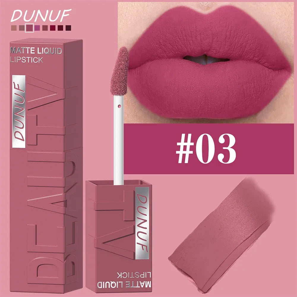 DUNUF Matte Velvet Lipstick - 8 Color Waterproof Plumping Square Tube Lip Gloss Makeup