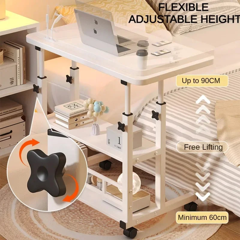 Adjustable Height Portable Study Desk with Storage Shelf – Mobile Bedside Table for Work & Dining, Includes USB Fan & Light
