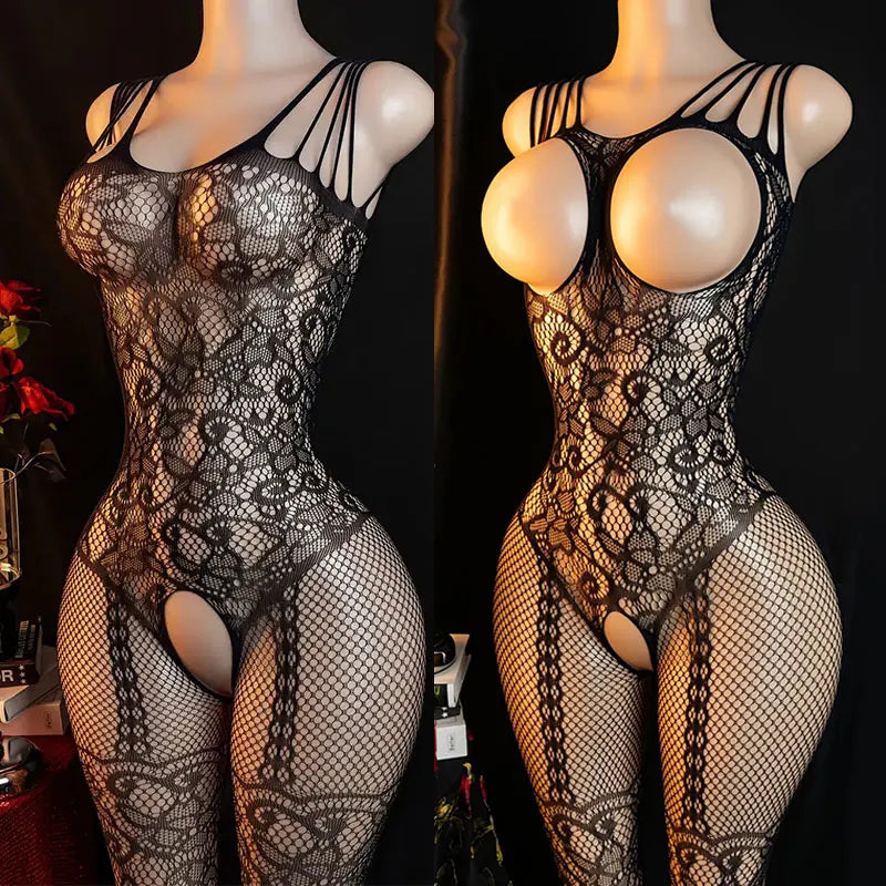 Women’s Sexy One-Piece Lingerie – Erotic Crotchless Fishnet Bodystocking with Open Breast, Adult Babydoll Underwear