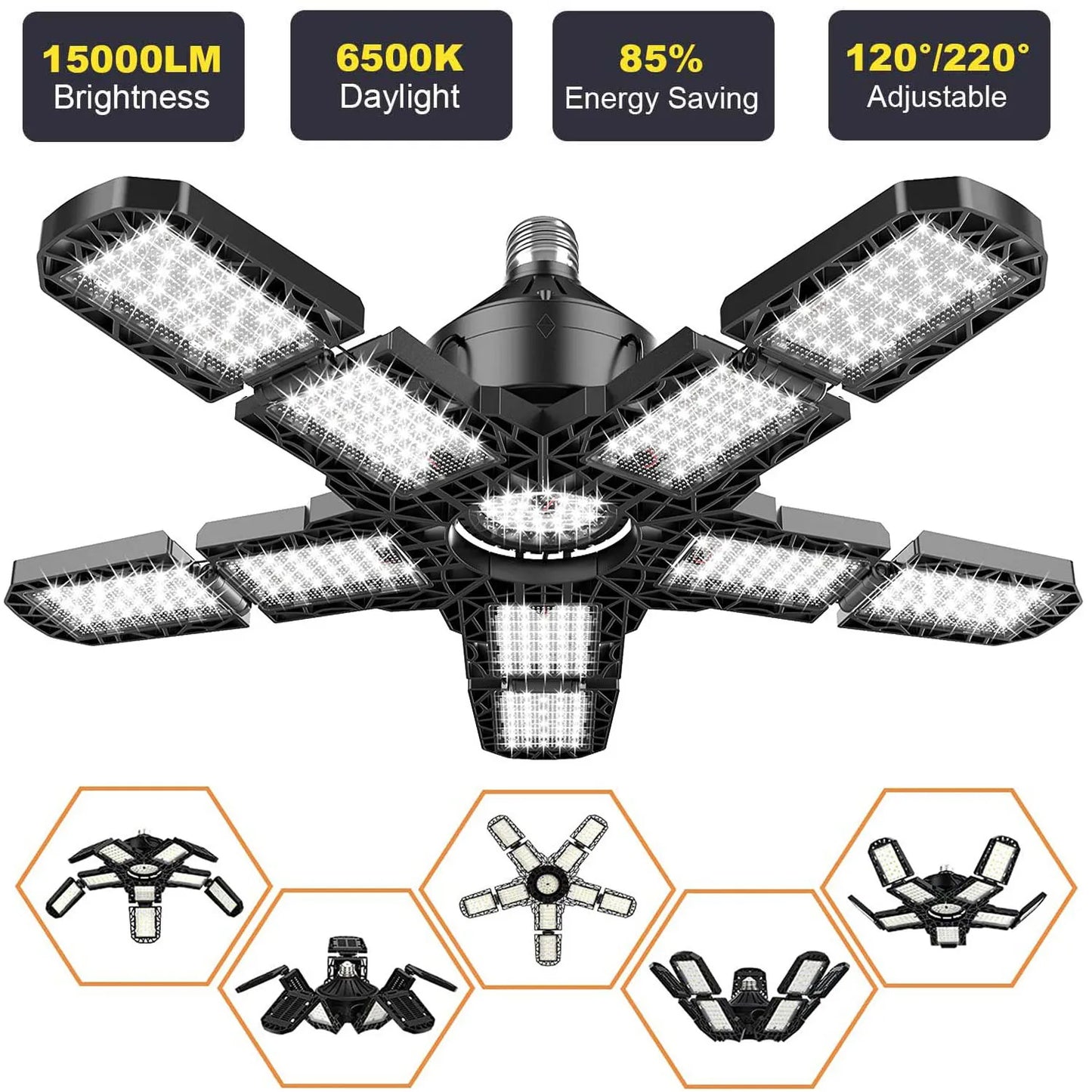 LED Garage Lights: 10 Adjustable Panels E26/E27 Ceiling Shop Work Lamp - 80W 150W 6500K Bulb for Industrial Workshop Lighting