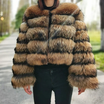 2025 Maomaokong Women’s Real Fur Coat – Natural Raccoon & Fox Fur Jacket with Hood, Warm Winter Outerwear