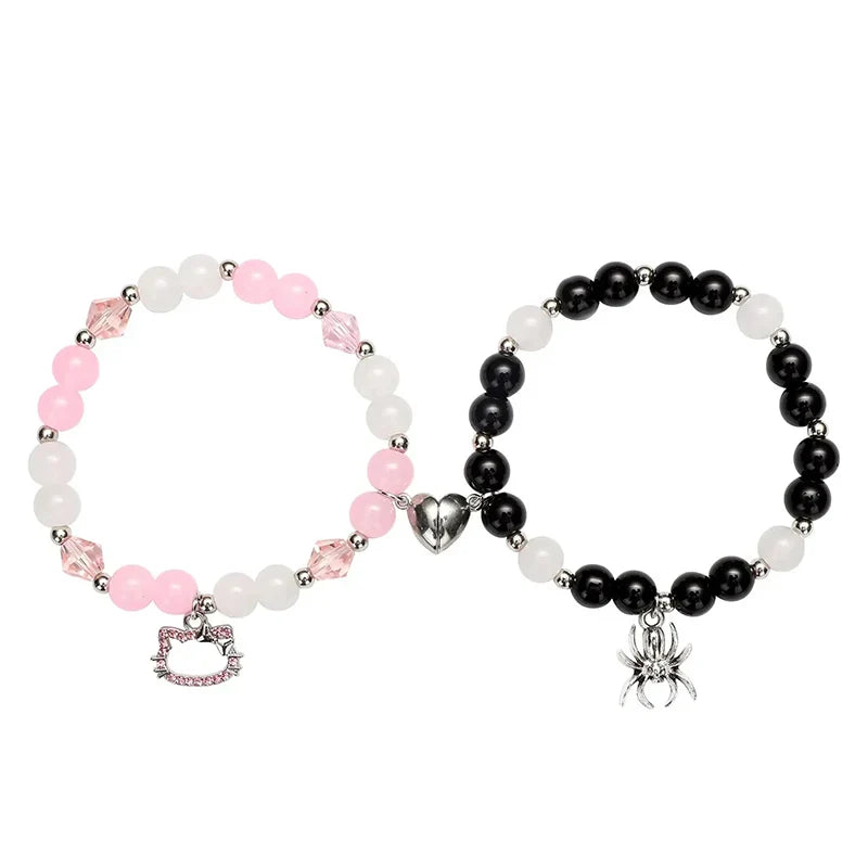 Spider Cat Charm Beaded Bracelet Set – Multi Color Cat Eye & Heart Bracelets for Best Friends with Red, Blue Beads & Fireball Spacer