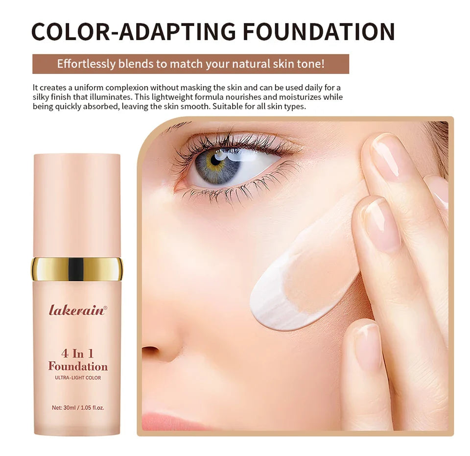 Color-Changing 4-in-1 Foundation – Moisturizing SPF 30+ Longwear Waterproof Makeup Base for Hydrating Travel Coverage