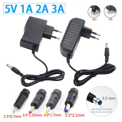Universal AC to DC Power Supply Adapter 5V 1A–3A – Multi Plug Converter Charger 110V–240V with 5.5×2.1mm & Multiple DC Connector Sizes (4.0×1.7mm, 3.5×1.35mm, 2.5×0.7mm)