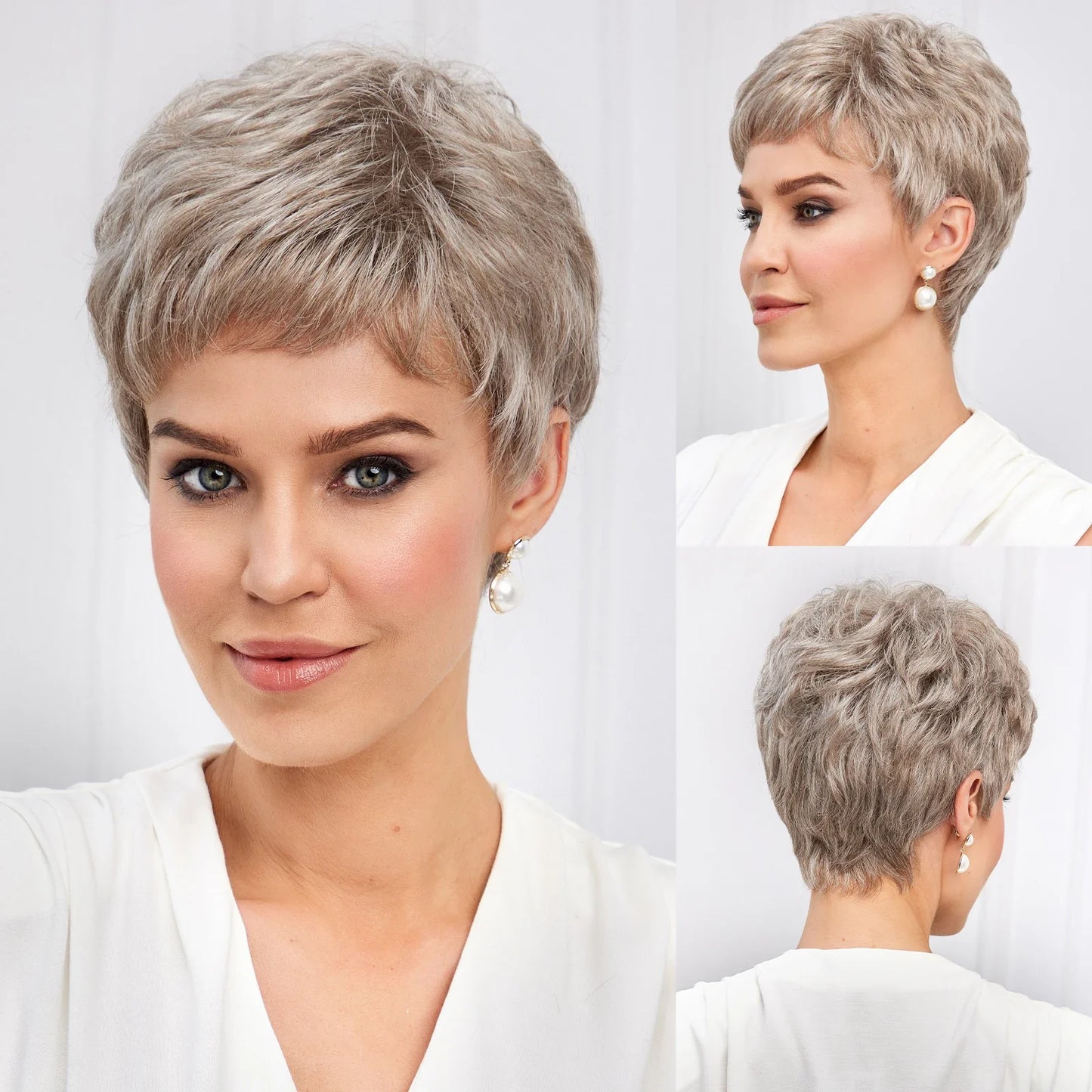 Light Blonde Mixed Off-White Pixie Cut Wig for Women – Bangs with Kanekalon Human-Hair-Like Texture, Natural Layered Hair