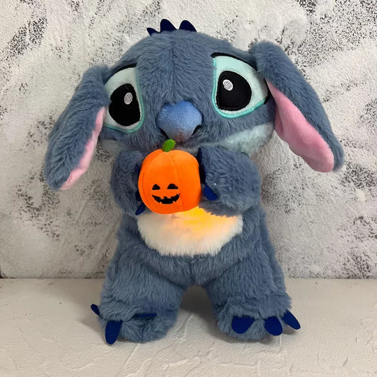 Disney Halloween Stitch Plush Doll – Pumpkin-Themed Soothing Toy with Light Breath Effect for Kids & Baby Gifts