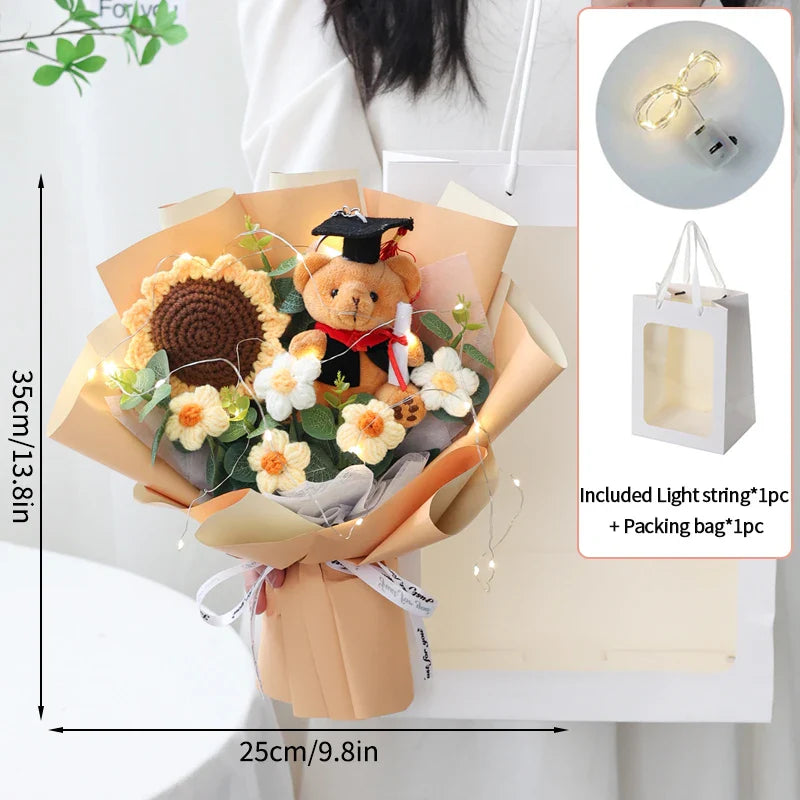 DIY Simulated Flower Bouquet – Crochet Sunflower Finished Product, Graduation, Doctoral, Valentine’s Day & Birthday Gift with Bear