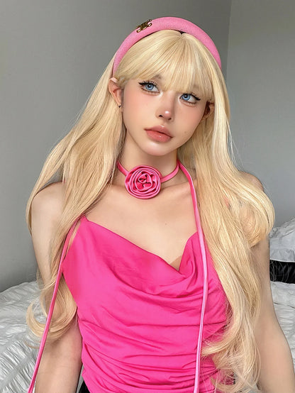 Long Blonde Wavy Synthetic Wig with Bangs – Lolita Cosplay & Halloween Heat-Resistant Wig for Women
