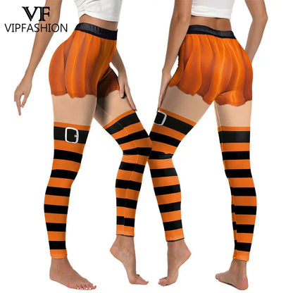 Women’s Halloween Leggings - Spooky Pumpkin Stripe Graphic Stretch Pants for Parties & Workouts