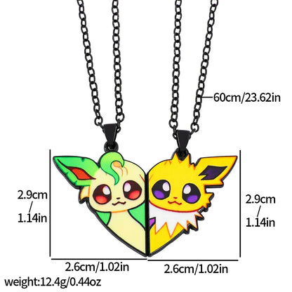 Eevee Pendant Necklace - 2-Piece Cute Cartoon Heart Patchwork Anime-Style Metal Jewelry Set