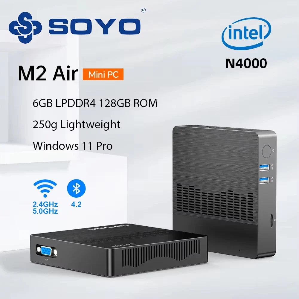 SOYO M2 Air Mini PC — Intel N4000, 6GB RAM, 128GB eMMC, Windows 11 Pro, Compact Desktop for Home, Business & Gaming