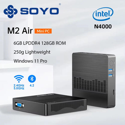 SOYO M2 Air Mini PC — Intel N4000, 6GB RAM, 128GB eMMC, Windows 11 Pro, Compact Desktop for Home, Business & Gaming