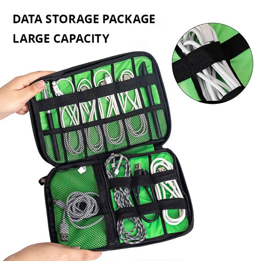 Portable Electronic Accessory Organizer: Black Green Storage Bag for USB Cables, Chargers & More - Waterproof Travel Case