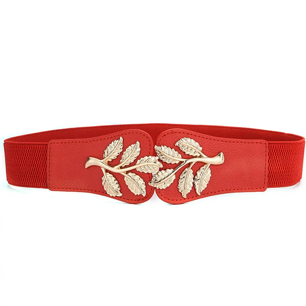 Women’s Wide Waist Belt – Gold Leaf Elastic with Double Hook Buckle, Fashionable Skirt Accessory